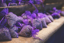 Lavender Bud Dry Flower Sachet Fragrant Bags, Purple Organza Pouch With Natural Dried Lavender Flowers At Market. Toned Image With Selective Soft Focus And Copy Space.