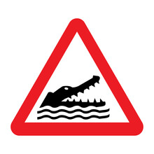 Crocodiles, Alligators, Caimans Warning Sign. Vector Illustration Of Red Triangle Sign With Reptile Head With Open Jaws. Caution Wild Dangerous Animals. Risk Of Attack. Danger Zone.