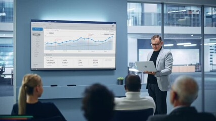 Poster - Modern Product Presentation Event: On-Stage Successful Caucasian Businessman Speaker Presents e-Commerce Startup Big Data Statistics, Charts, Revenue Growth Infographics. Live Event. Press Conference