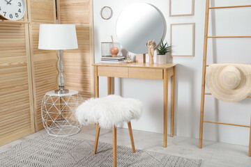 Poster - modern wooden dressing table with mirror and stool in room