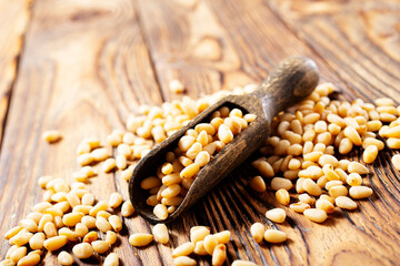 Canvas Print - Pine nuts (cedar nuts). Delicious siberian product with nice taste and hale. Top view.