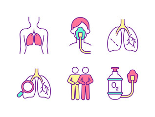 Sticker - Lungs health care RGB color icons set. Pulmonary rehabilitation. Respiratory treatment. Oxygen tank. Breathing therapy. Isolated vector illustrations. Simple filled line drawings collection