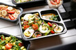 Diet box with egg and avocado salad, appetizing take-away meal.
Appetizing ready-to-go dish served in a disposable box. Culinary photography.y photography, menu, healthy food, background, culinary bac