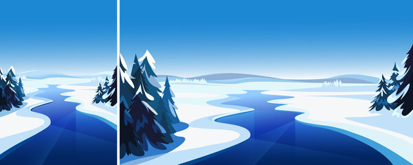 Wall Mural - Landscape with frozen river. Winter scenery in different formats.
