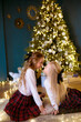 © capable97 - Lovely girls sisters with blonde curly hair with bans to the tols in classic school clothes by the Christmas tree  with presents in a classic interior. Christmas mood