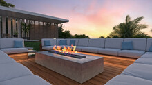 3d Rendering Of A Contemporary Design Exterior Fireplace Surrounded By Benches In A Luxury Garden