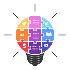 Wall Mural - Puzzle light bulb Infographic. Generating new ideas concept. Vector slide template. Creative brainstorming diagram.