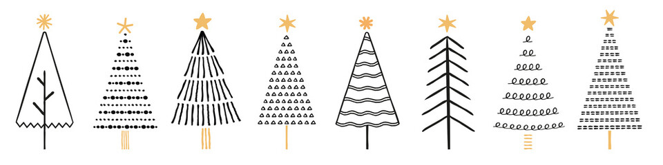 hand drawn christmas tree silhouettes. black christmas trees on isolated white background with gold 