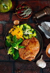 Sticker - plate of steak with vegetables on plate, top view