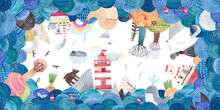 Cute Sea Landscape, Waves, Montains, Ships, Lighthouse, Clouds And Rainbow. Watercolor Illustration. Children's Horizontal Poster.