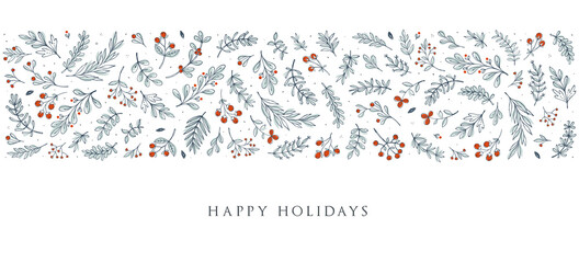 Poster - Blue and white horizontal Christmas, Holiday border with floral motives and greetings. Universal modern line art florals. Merry xmas header or banner. Wallpaper or backdrop decor.