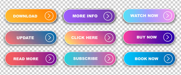 Poster - Set of vector modern trendy flat buttons. Trendy colors with transparent background. Read More, learn more, buy now, download, watch now, book more colorful button set