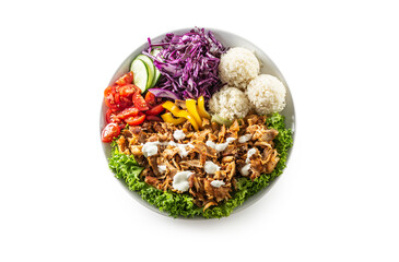 Canvas Print - Chicken kebab with fresh vegetable, fries and rice isolated on white background