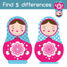 Find The Differences Educational Children Game. Kids Activity With Russian Matreshka Nesting Doll