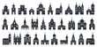 Big set of Church black icon. Vector illustration religion architecture building silhouette on white background. Isolated black collection icon church. Urban elements 