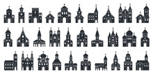 Big Set Of Church Black Icon. Vector Illustration Religion Architecture Building Silhouette On White Background. Isolated Black Collection Icon Church. Urban Elements 