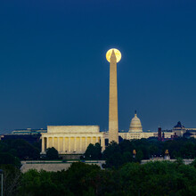 Full Moon Over The Washington Monument, Lincoln Memorial And US Capitol