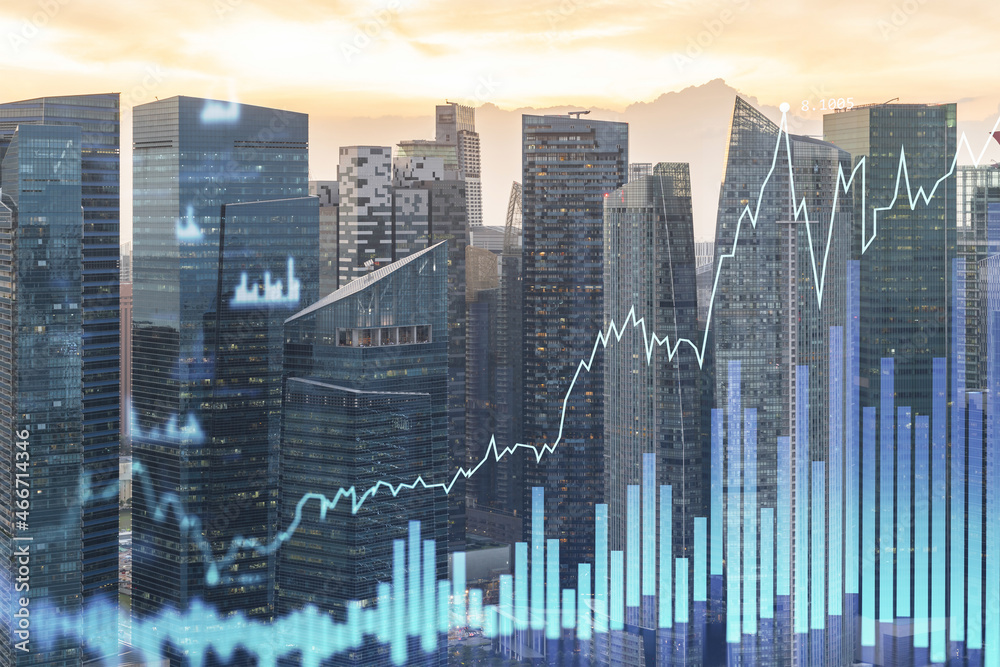 Market Reality Graphics Market behavior graph hologram, sunset panoramic city view of Singapore ...