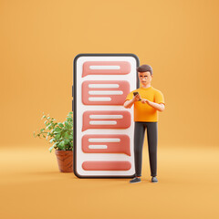 Happy cartoon character man use smartphone stand near big phone with red message text bubbles ui interface over yellow background.