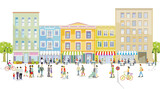 Fototapeta Miasto - Leben in der Stadt, mit Restaurants Fußgänger und Familien in der Freizeit, Illustration