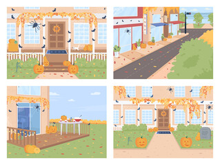 Poster - Outdoor Halloween decorations flat color vector illustration set. Home porch with decorations. Fall holiday. Autumnal festive 2D cartoon scenery with house outdoors on background collection