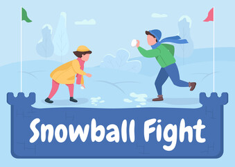 Poster - Snowball fight poster flat vector template. Children play games outside on holiday. Brochure, booklet one page concept design with cartoon characters. Winter fun flyer, leaflet with copy space