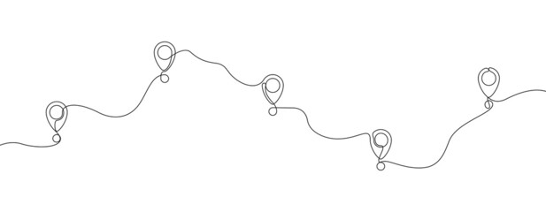 Poster - Continuous one line drawing of map location pointers. Map pin or navigation pointer with single line route or way. Vector illustration.