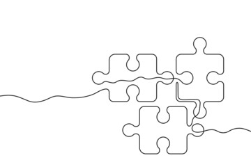 Poster - Three puzzle pieces of one continuous line drawn. One hand-drawn line of jigsaw puzzle element. Vector illustration.