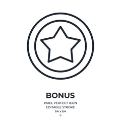 Wall Mural - Bonus coin editable stroke outline icon isolated on white background flat vector illustration. Pixel perfect. 64 x 64.