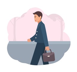 Aufkleber - Happy manager or office worker dressed in smart suit walking back home in evening. End of working day. Scene from daily life of ordinary man. Colorful vector illustration in flat cartoon style.