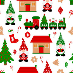 Wall Mural - Seamless pattern Christmas Gnomes vector illustration