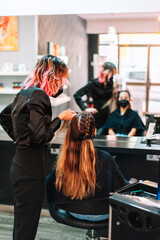 Wall Mural - Woman hairdresser making braids to client