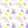 Seamless pattern. St. Patrick's Day decor. Purple hat, pink balloons, rainbow, clover leaves, flags painted in watercolor. Pastel colors. For packaging paper or fabric.
