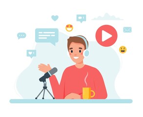 Leinwandbilder - Podcaster talking to microphone recording podcast. Concept vector illustration in flat style
