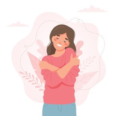 Wall Mural - Self love concept, woman hugging herself, illustration in flat style