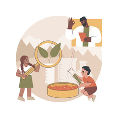 Poster - Science camp abstract concept vector illustration. Science summer camp, young scientists lessons, laboratory tests, thematic vacation for kids, outdoor study, making experiment abstract metaphor.