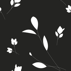 Wall Mural - Scattered leaves seamless texture background. The contours of the leaves. Seamless vector black and white pattern. White outlines of leaves on a black background.