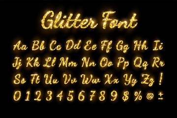 Sticker - Gold glitter holiday font with glow lights on black background. Vector