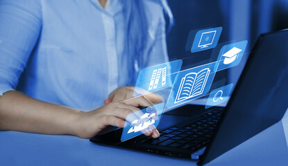 Wall Mural - e-learning concept. student learning online with video tutorial, internet lessons. education and web