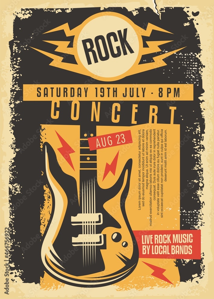 Grunge poster design for rock concert with electric guitar, text Grunge poster design for rock concert with electric guitar, text