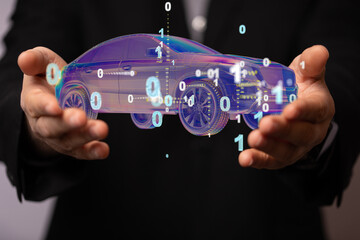 Poster - Man holding and touching holographic smart car