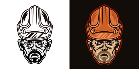 Worker man with bristle in hard hat vector illustration in two styles black on white and colorful on dark background