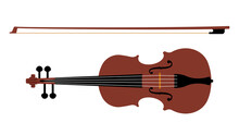 Realistic Vector Violin With Fiddlestick. Classical Stringed Musical Instrument. Illustration For Banner, Sound Musical, Poster. Flat Vector  Illustration Isolated On White Background.