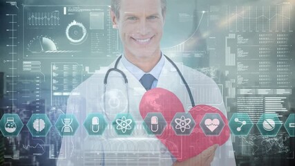 Poster - Animation of data processing and medical icons over smiling caucasian male doctror over cityscape