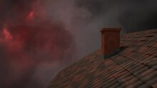 Animation Of Storm With Clouds And Lightning Over House Roof And Chimney