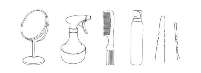 Wall Mural - Set of hairdresser details in linear style on white. Hand drawn continuous line art vector illustration. Mirror, a comb, a hair fixation spray, and hairpins.