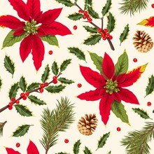 Vector Seamless Pattern With Holly And Pine