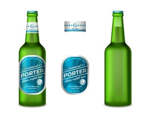 Poster - Realistic Detailed 3d Empty Template Mockup Gren Glass Beer Light Bottle and with Labels Set. Vector illustration of Neck Label for Bottles Retail
