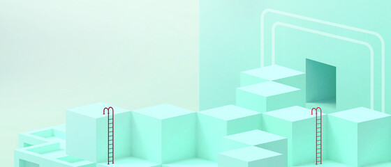Aufkleber - Creative idea. Abstract Geometric shapes futuristic ladder and success Concept on the green.banner,website,Copy Space,poster,Card -3d Rendering