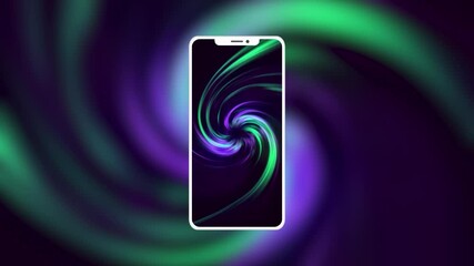 Poster - Beautiful purple and green rotating spiral pattern and a silhouette of a modern smartphone. Motion. Presentation of a new phone design.